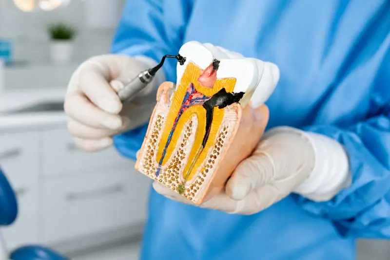 A cut-away tooth model showing the root canals